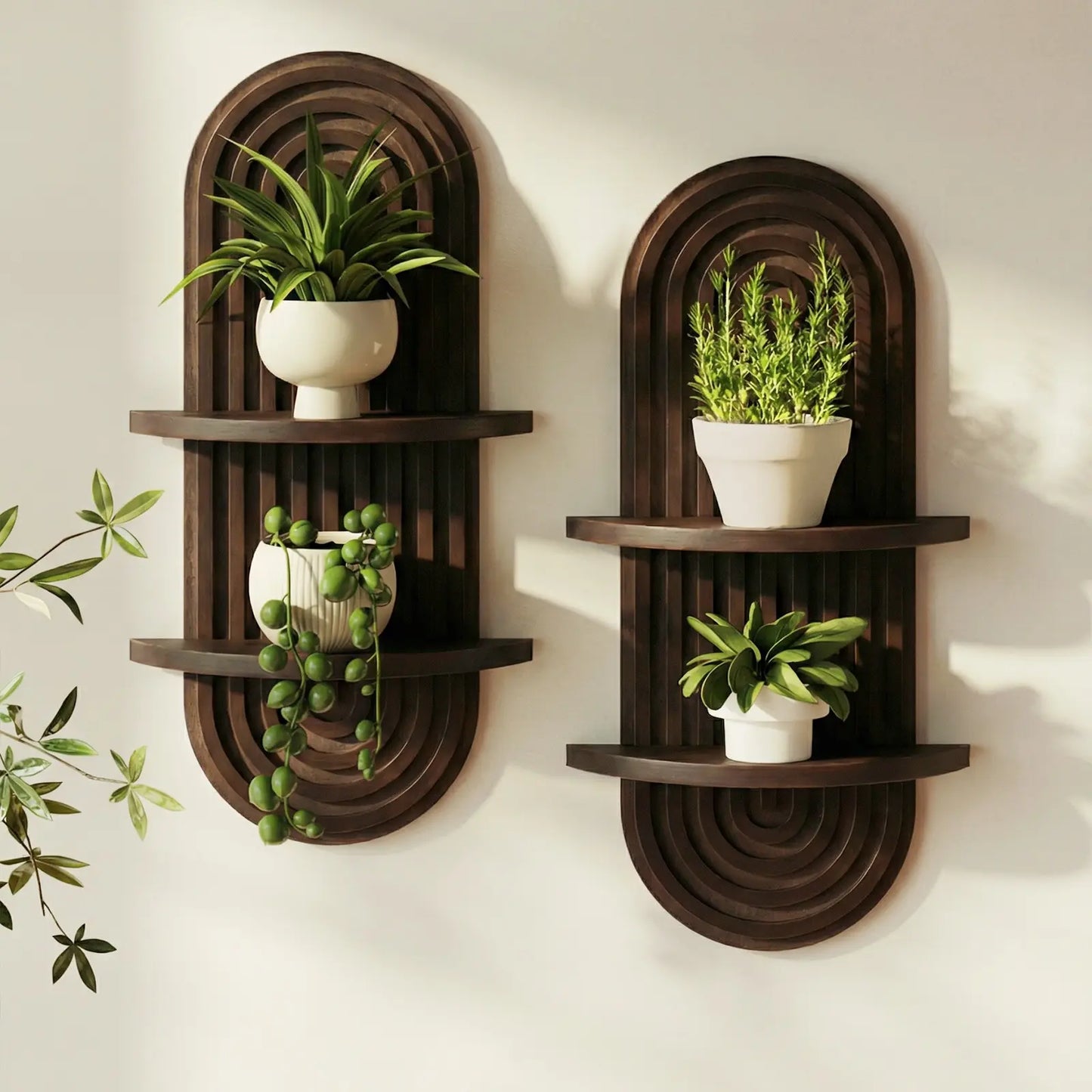 Bamworld Boho Wall Decor Plant Wall Shelf Mid Century Modern Decor Hanging Plant Shelf 2-Tier 1-Tier Wooden Floating Shelves for Home Bathroom Bedroom Living Room Office Holding Planter Decoration Walnut Natural