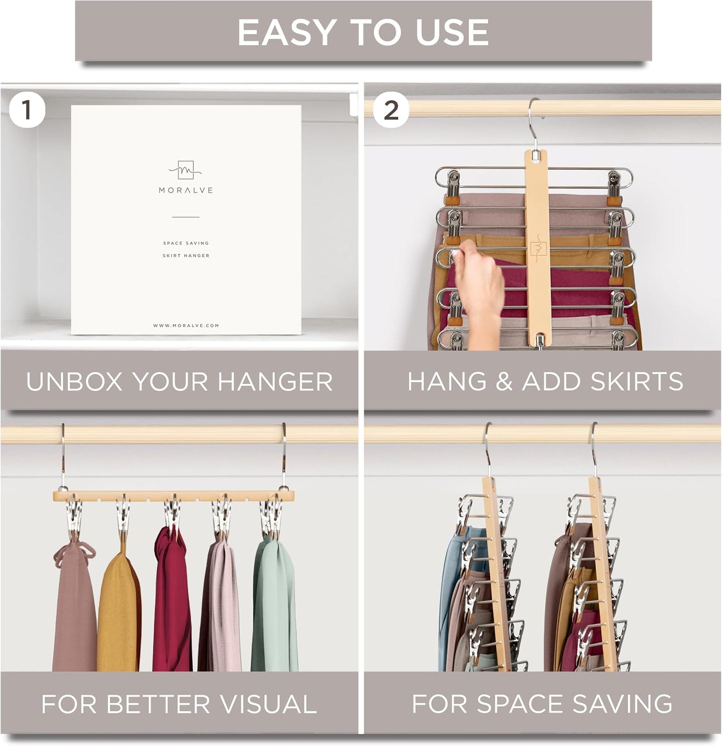 Skirt Hangers Space Saving with Clips - 2 Pack - European Beechwood 5-Tier Hanger for Shorts, Skirts, and Pants - Closet Organizer and Storage Solution for Women with 360° Swivel Hook