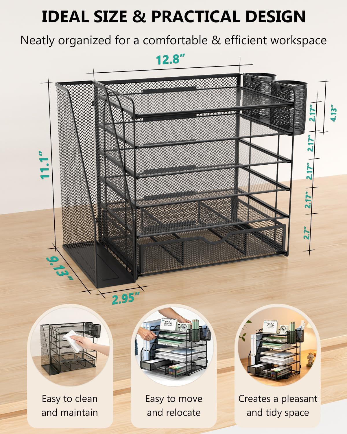 6-Tier Desktop File Organizer with Drawer and Dual Pen Holders - Professional Office and Home Workspace Accessory, Black