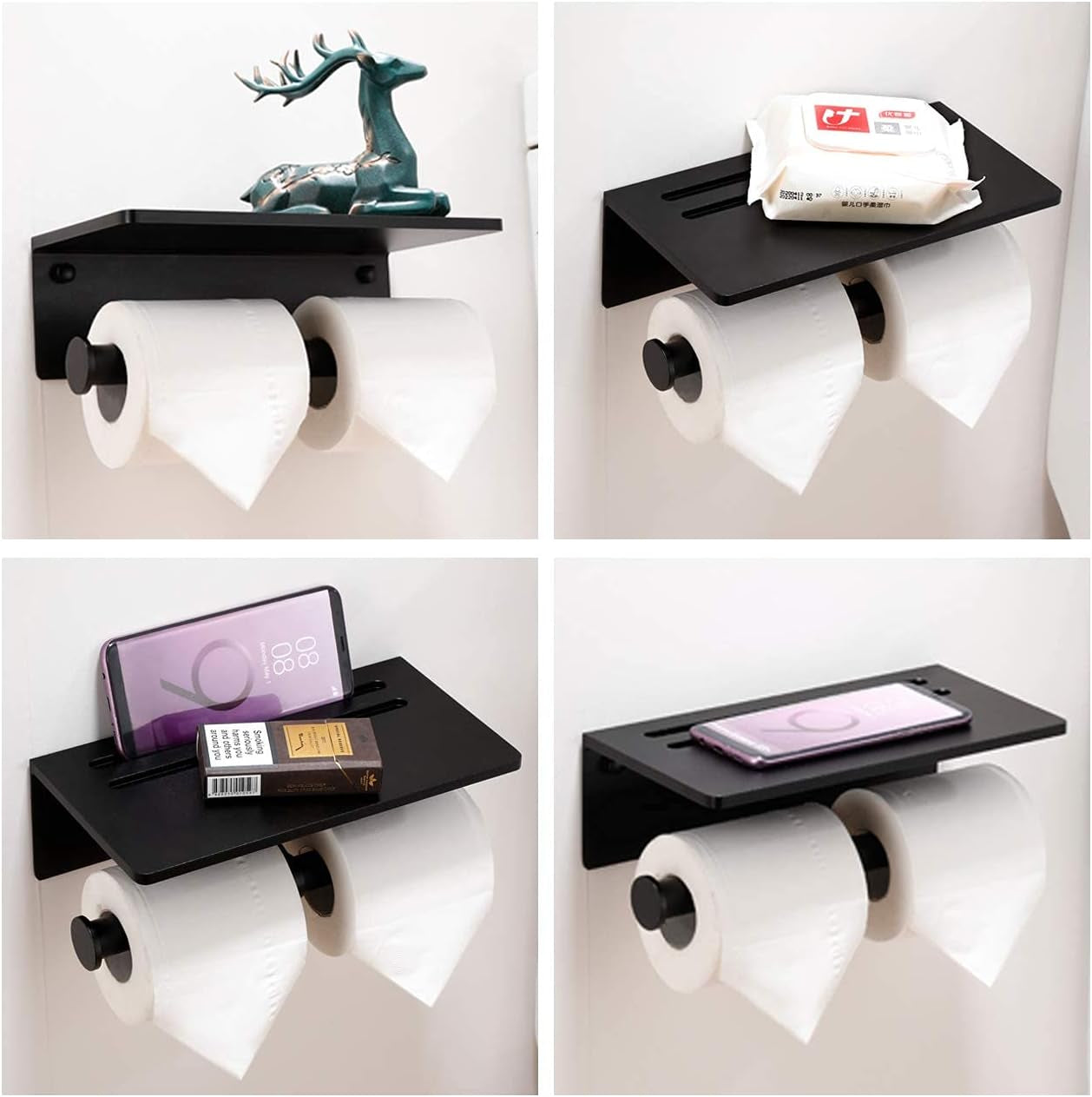 Aluminium Double Roll Toilet Paper Holder with Mobile Phone Shelf