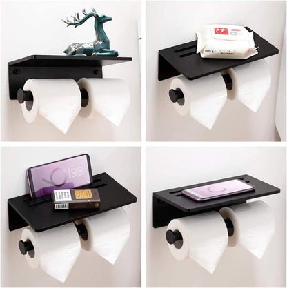 Aluminium Double Roll Toilet Paper Holder with Mobile Phone Shelf