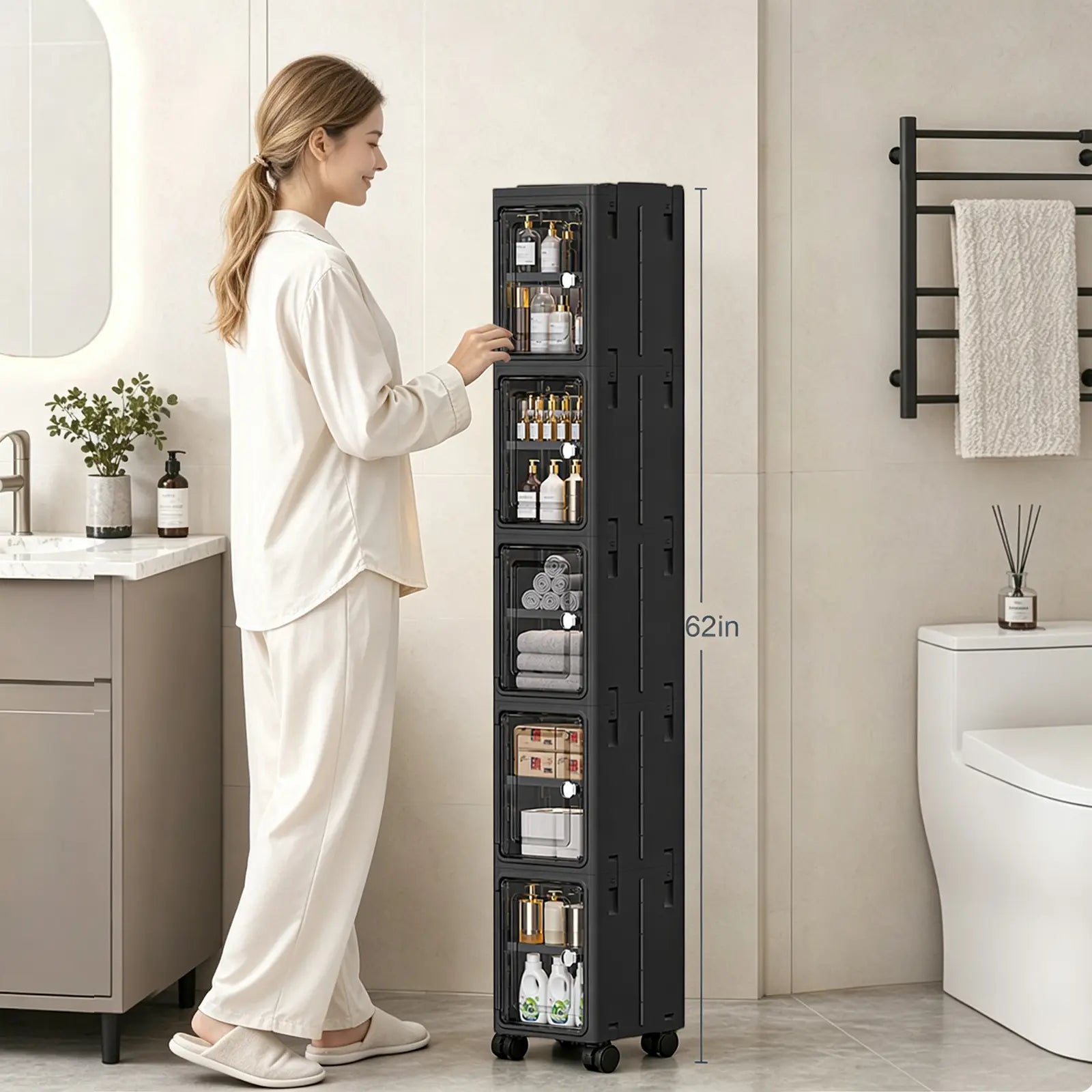 White Freestanding PP Plastic Pantry Storage Cabinet - 5-Tier Slim Narrow Unit with 360° Swivel Casters, Adjustable Shelves, Flat Fold, Lockable Modern Design, Furniture Storage for Kitchen Organizing, Bathroom
