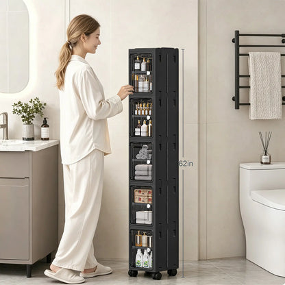 White Freestanding PP Plastic Pantry Storage Cabinet - 5-Tier Slim Narrow Unit with 360° Swivel Casters, Adjustable Shelves, Flat Fold, Lockable Modern Design, Furniture Storage for Kitchen Organizing, Bathroom