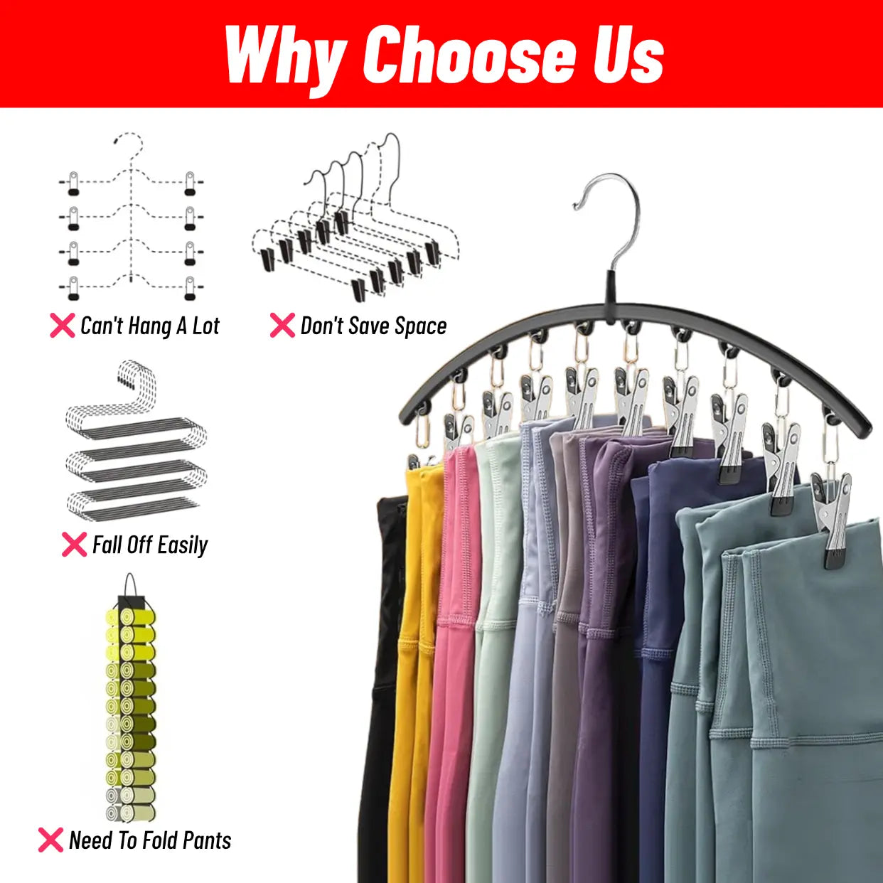 Curved Shape Hanger,10/Pcs Metal Yoga Pants Hanger, Home Organizer for Closet, Pants Hanger with 10Clothespins, Space Saving Hanging Hanger