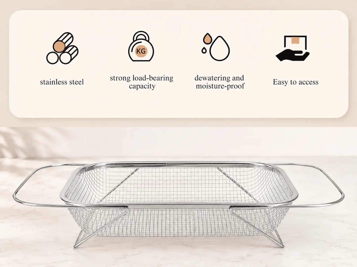 Stainless Steel Expandable Over-The-Sink Colander Strainer Basket with Handles - Rectangular Fine Mesh Kitchen Utensil, Essential Kitchen Supply