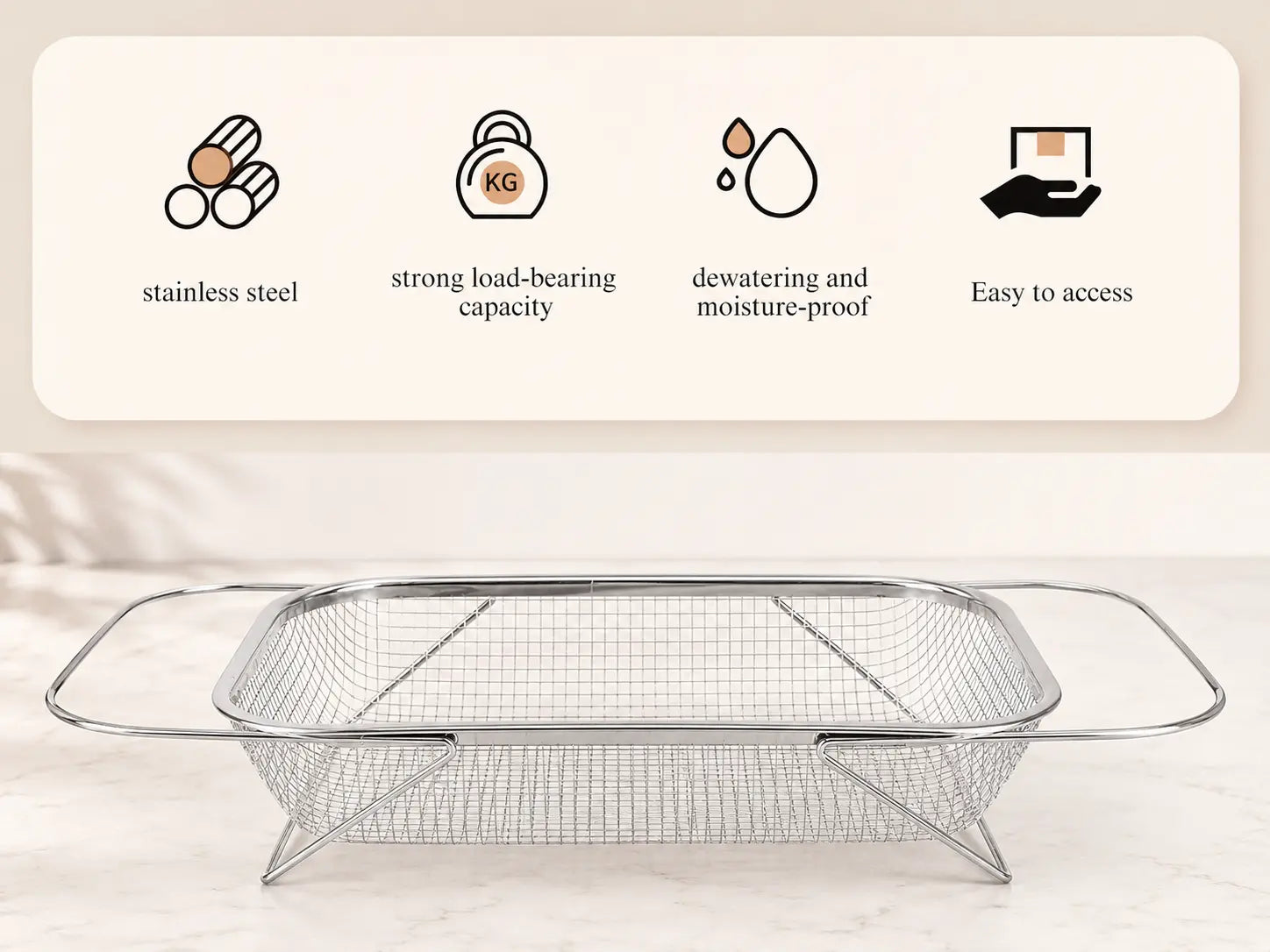 Stainless Steel Expandable Over-The-Sink Colander Strainer Basket with Handles - Rectangular Fine Mesh Kitchen Utensil, Essential Kitchen Supply