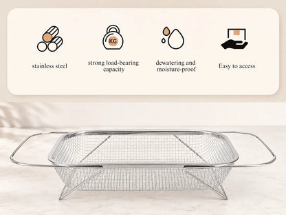 Stainless Steel Expandable Over-The-Sink Colander Strainer Basket with Handles - Rectangular Fine Mesh Kitchen Utensil, Essential Kitchen Supply