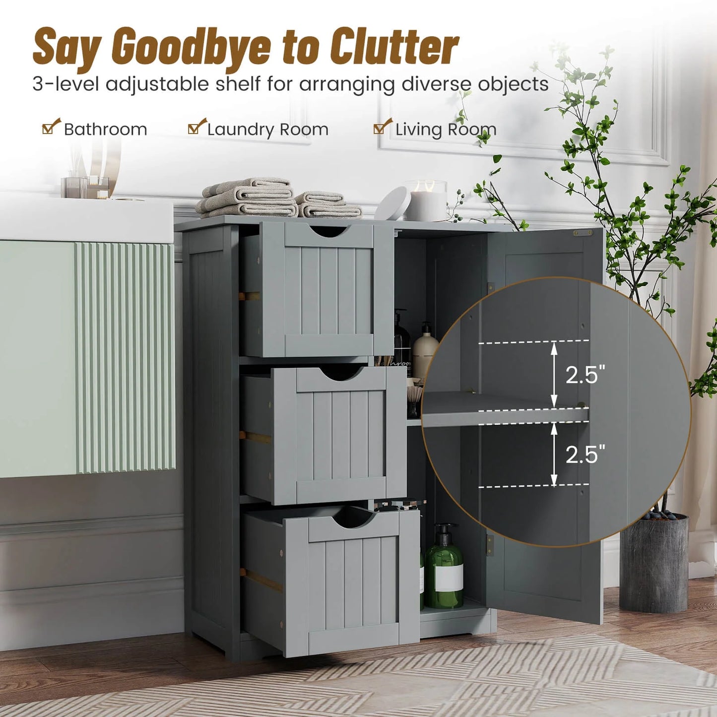 Grey Bathroom Floor Cabinet with Three Drawers and One Cupboard for Side Storage