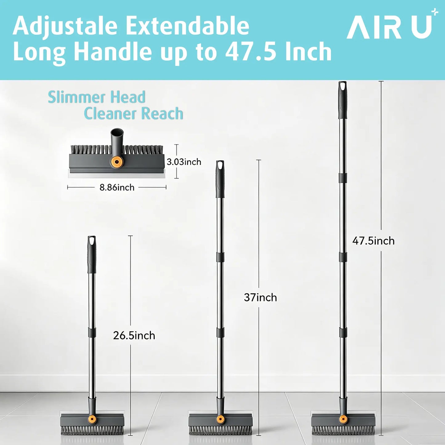 AIR U Floor Scrub Brush with Multi-Purpose Long Handle Scrub 3 in 1 360°Rotating Scrape and Heavy-Duty Stiff Bristle Scrubber Brush for Bathtub Cleaning Shower Bathroom Patio Garage Kitchen Wall and Deck Cleaning Supplies Home Essential Items