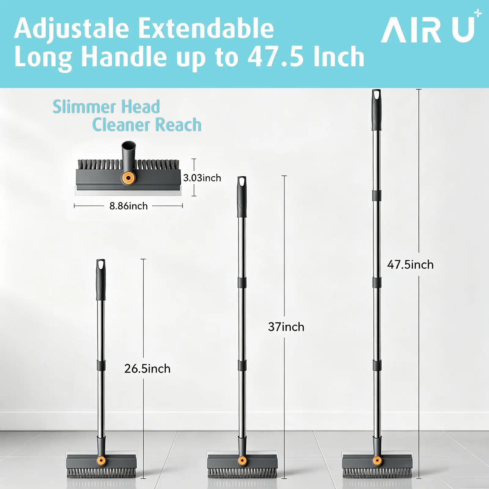 AIR U Floor Scrub Brush with Multi-Purpose Long Handle Scrub 3 in 1 360°Rotating Scrape and Heavy-Duty Stiff Bristle Scrubber Brush for Bathtub Cleaning Shower Bathroom Patio Garage Kitchen Wall and Deck Cleaning Supplies Home Essential Items