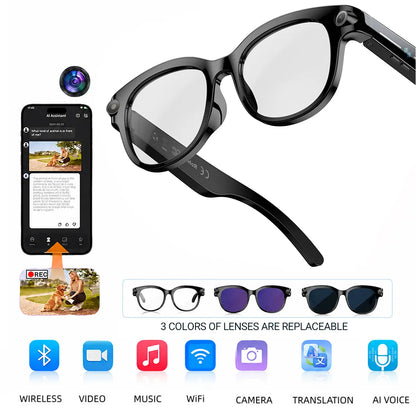 2026 New Wireless Wearable AI Smart Eyewear - 8MP Camera, Photo & Video Recording, Open-Ear HD Audio, Bluetooth Calls & Music, UV Protection, Multi-Language Translation, Button Control, Cool Tech Gadgets for Travel