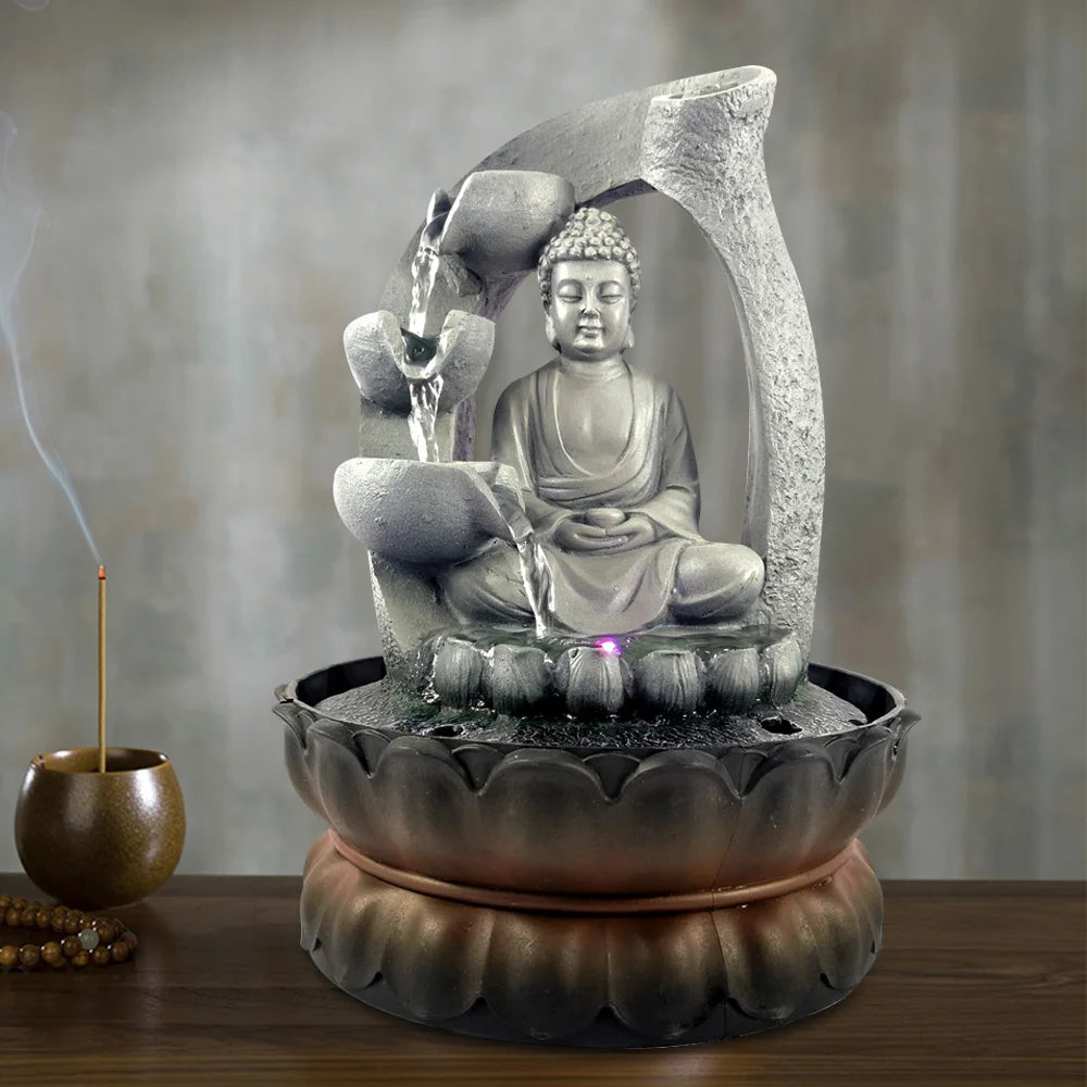Indoor Water Fountain Water Feature LED Lights Tabletop Buddha Sculpture for Office Bedroom Home Decor