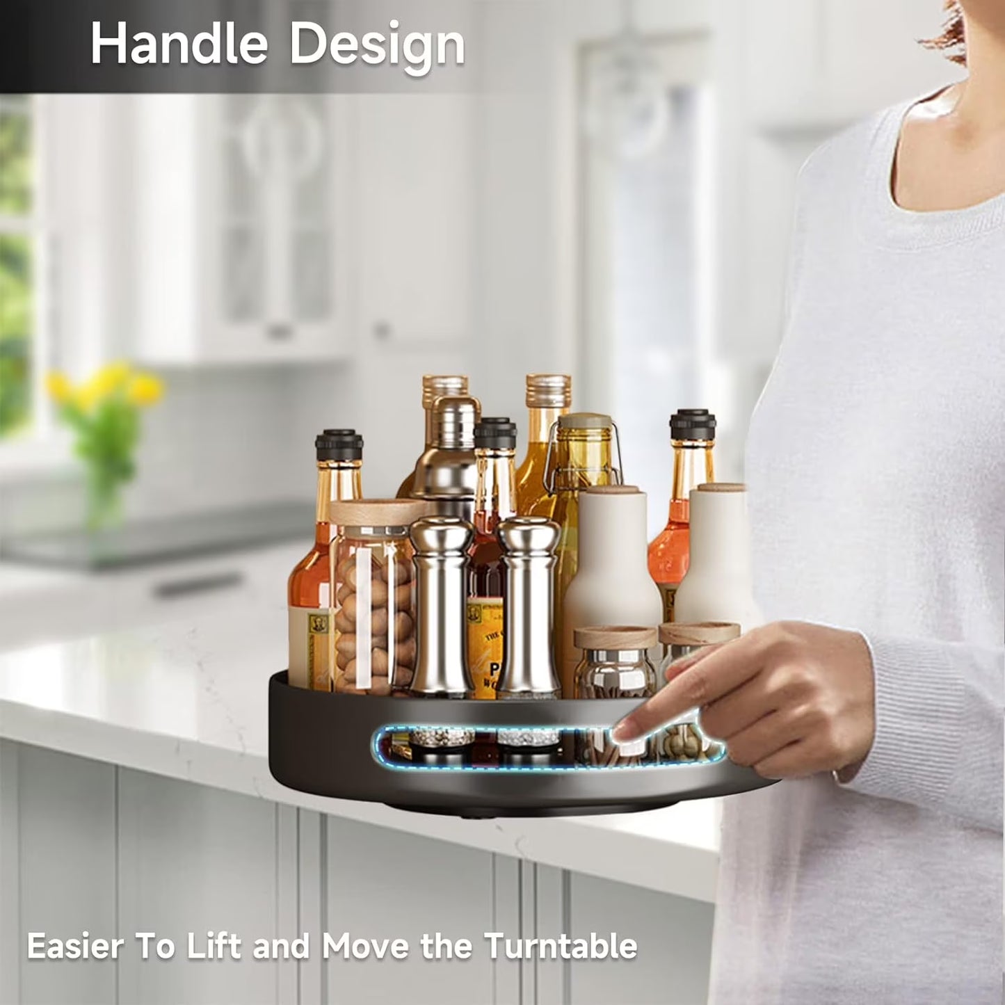 SKYWEE 360° Lazy Susan Turntable Organizer - Metal Spice Rack for Kitchen, Pantry, Cabinet, and Worktop Surfaces, Black Finish
