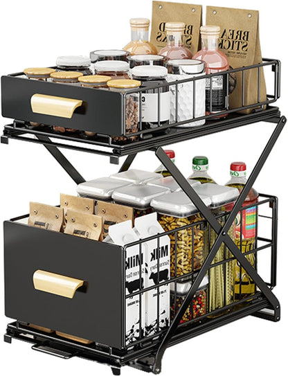 2 Tier Pull Out Cabinet Organizer, under Sink Organizer, Black
