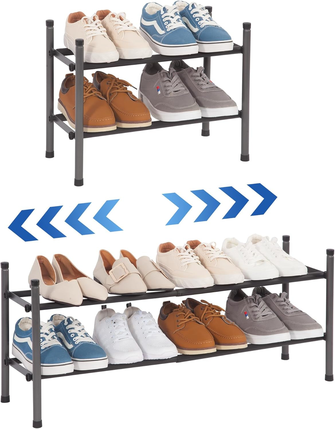 Expandable 2-Tier Shoe Rack, Adjustable Metal Organizer for 8 Pairs of Shoes, Stackable Design for Entryway, Hallway, and Garage, Black