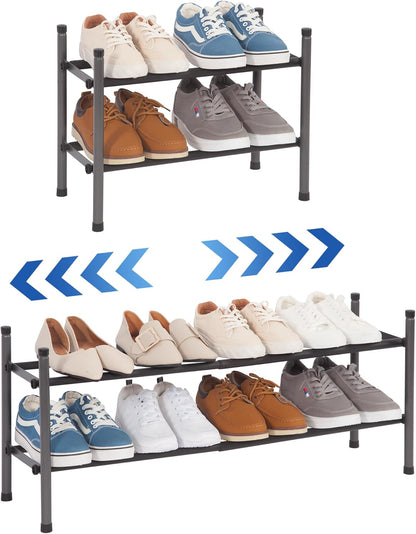 Expandable 2-Tier Shoe Rack, Adjustable Metal Organizer for 8 Pairs of Shoes, Stackable Design for Entryway, Hallway, and Garage, Black