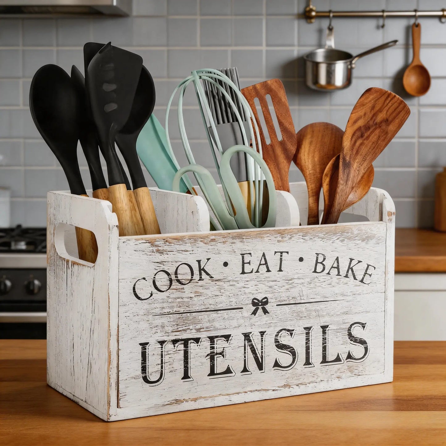 Rustic Brown Wooden Utensil Holder - 3-Compartment Kitchen Caddy for Cooking Tools and Accessories