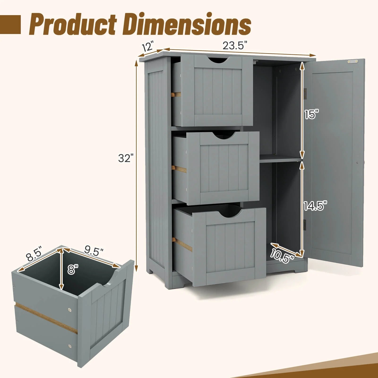 Grey Bathroom Floor Cabinet with Three Drawers and One Cupboard for Side Storage