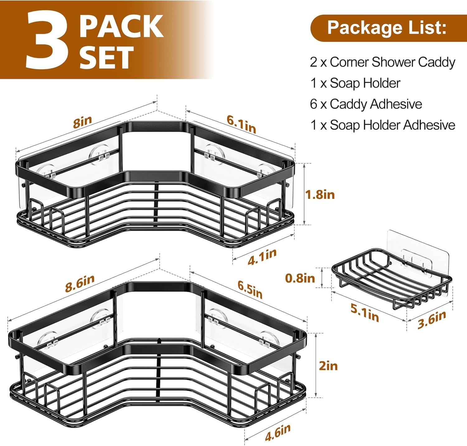 Corner Shower Caddy Set - 3 Pack, Stainless Steel Organizer with Soap Holder, Large Capacity, Easy Installation, No Drilling, Supports 40 lbs, Ideal for Family and Renters, Black