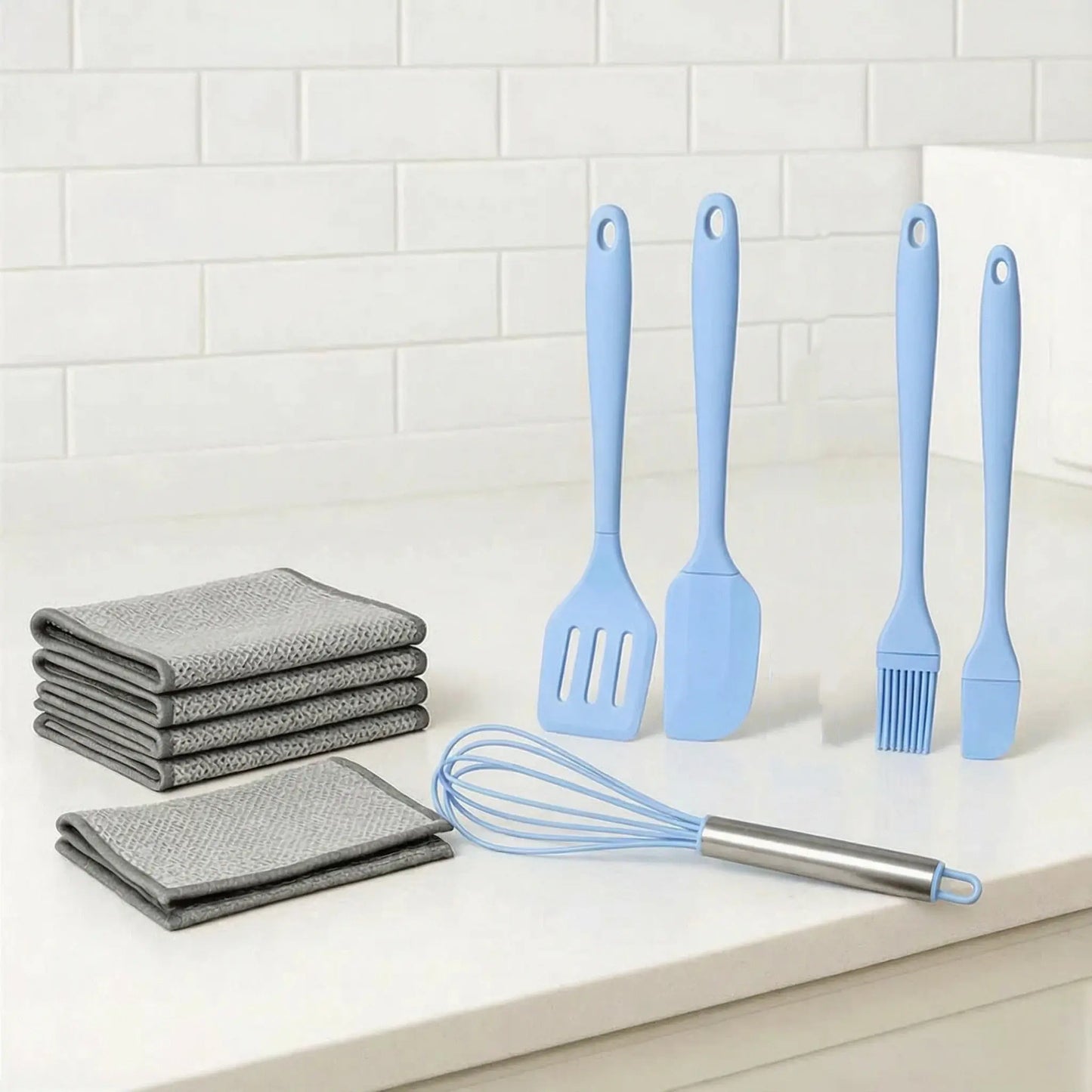 Food-Grade Silicone Kitchen Bakeware Combo Set (5Pcs) - Spatula, Leak-Proof Scraper, Whisk, Brush, Heat-Resistant Stirring Utensils for 4-Hole Pans, Kitchen Supplies + Free 10-Piece Metal Wire Dish Cloths (Dish-Safe, Detailed Size Chart Included)