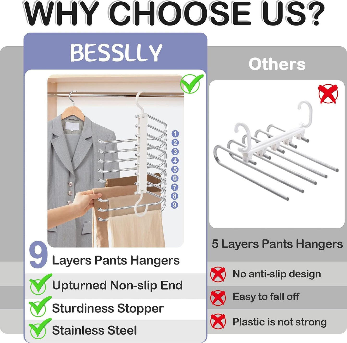 Upgrade 9 Layers Pants Hanger Space Saving Non-Slip Closet Organizer 2 Pack