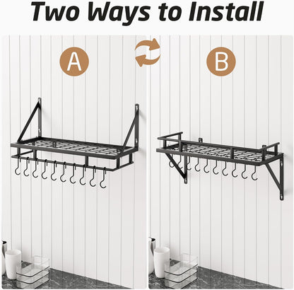 24-Inch Wall-Mounted Kitchen Pot and Pan Rack with 10 Hooks, Matte Black Finish