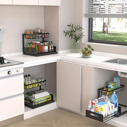 L-Shaped Pull-Out Under Sink Organizer - 2-Tier Sturdy Metal Storage Solution for Kitchen and Bathroom, Rustproof and Easy to Install, Ideal for Spices and Snacks, Black