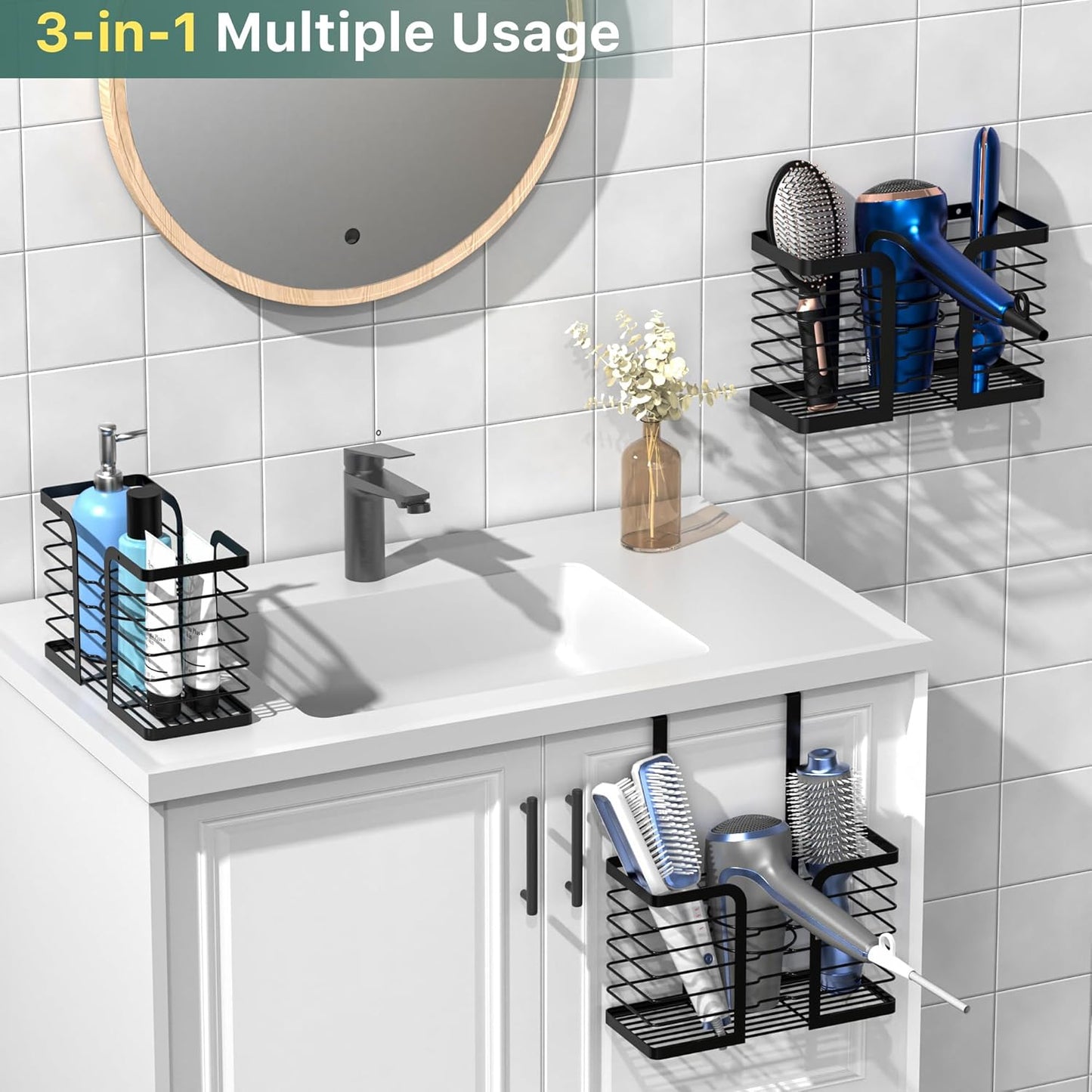 3-In-1 Adjustable Hair Dryer Holder and Tool Organizer for Wall Mounting or Cabinet Doors - Compatible with Flat Irons, Curling Irons, and Hair Straighteners