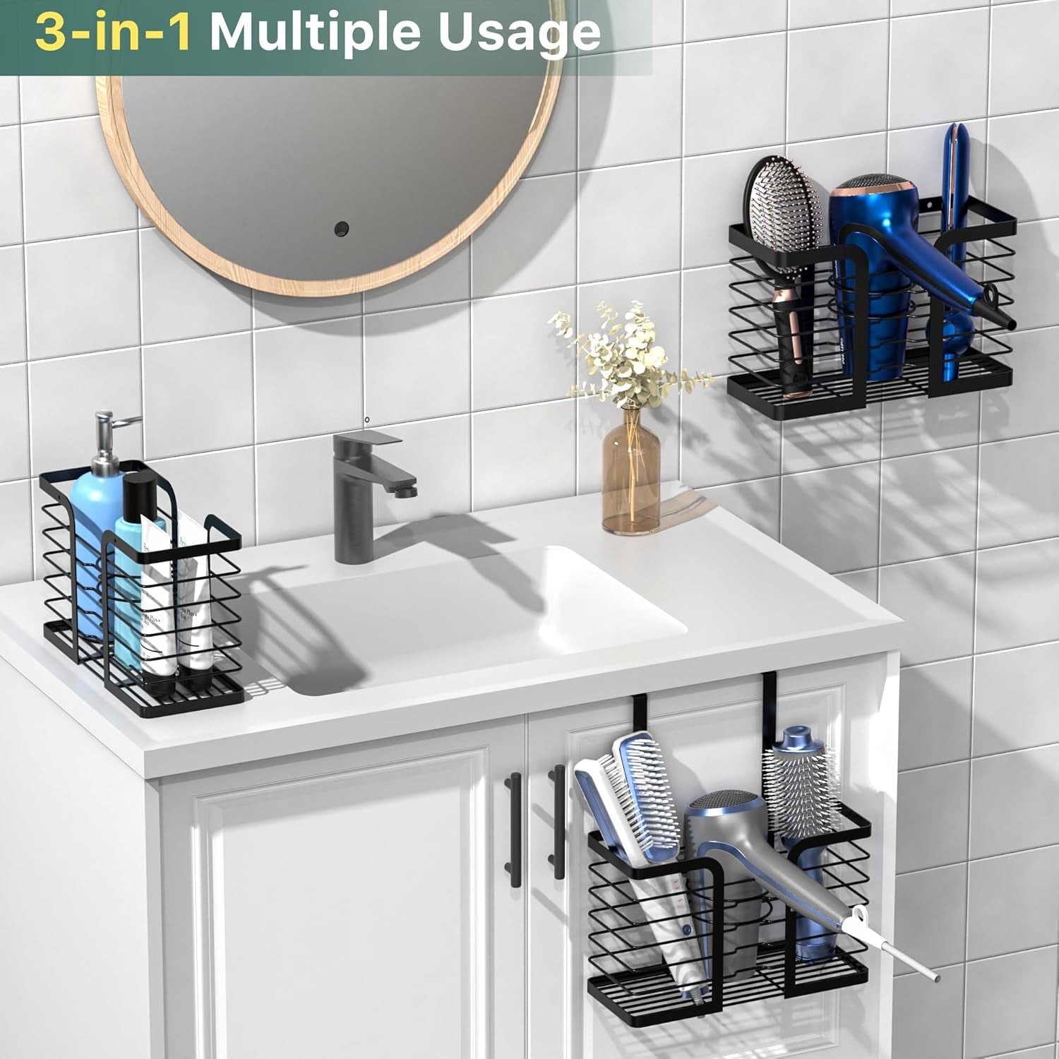 3-In-1 Adjustable Hair Dryer Holder and Tool Organizer for Wall Mounting or Cabinet Doors - Compatible with Flat Irons, Curling Irons, and Hair Straighteners