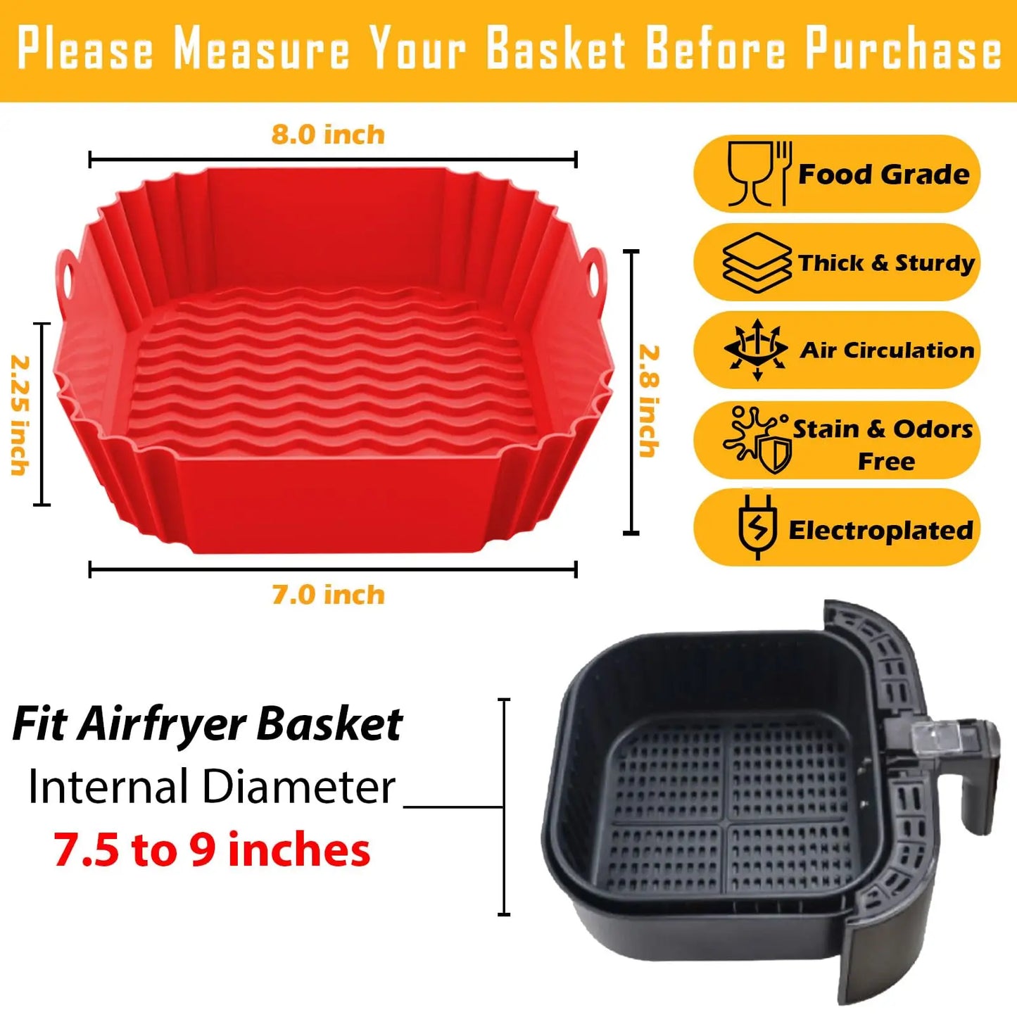 8”Square Silicone Unbleached Heavy Duty Air Fryer Liners Reusable Air Fryer Pot Non-Stick & Non-Leak Liners for 4 to 7 QT Airfryer Basket, Deep Fryer Parts & Accessories Sohochic