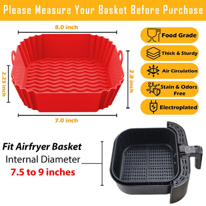 8”Square Silicone Unbleached Heavy Duty Air Fryer Liners Reusable Air Fryer Pot Non-Stick & Non-Leak Liners for 4 to 7 QT Airfryer Basket, Deep Fryer Parts & Accessories Sohochic