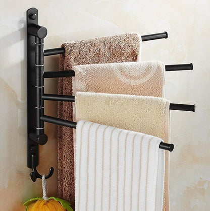 Oil Rubbed Bronze Wall-Mounted Swivel Towel Rack Holder with Hooks - 4-Arm Design for Bathroom