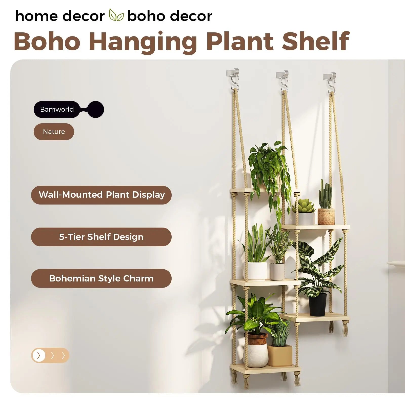Bamworld Window Plant Shelves Window Sill Plant Shelf Boho Window Shelf for Plants Plant Hanger Wood Plant Stand Wall Shelf Hanging Planters for Indoor Plants Living Room Decor Garden Boho Decor