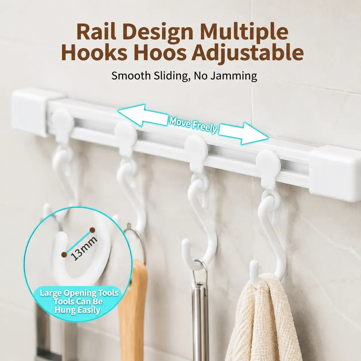 Adjustable 10-Hook Multifunctional Slide Rail Adhesive Wall Organiser, Kitchen Utensil Holder, Cupboard Hanging Storage Rack for Bathroom & Bedroom