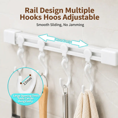 Adjustable 10-Hook Multifunctional Slide Rail Adhesive Wall Organiser, Kitchen Utensil Holder, Cupboard Hanging Storage Rack for Bathroom & Bedroom