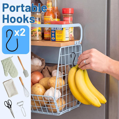 Magnetic Refrigerator Shelf with Wooden Lid for Fruit, Potato, and Onion Storage - Large Pantry Organizer and Spice Rack for Kitchen Counter and Cabinet (Blue, 1)
