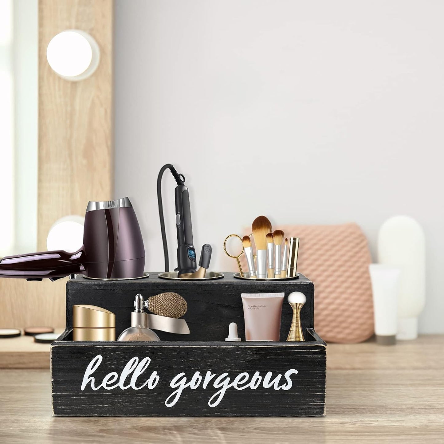 Professional Hair Tool Organizer - Black Countertop Holder for Blow Dryer, Curling Iron, and Styling Accessories - Elegant Bathroom Storage Solution for Makeup and Toiletries