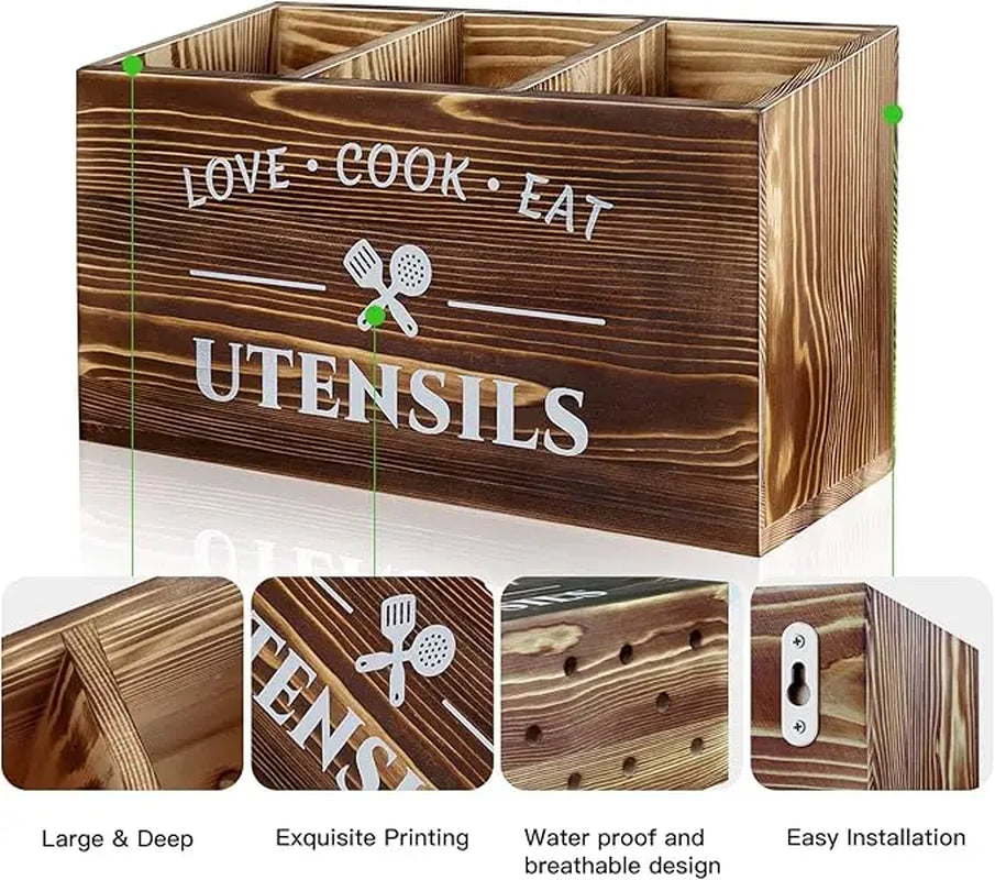 Rustic Brown Wooden Utensil Holder - 3-Compartment Kitchen Caddy for Cooking Tools and Accessories
