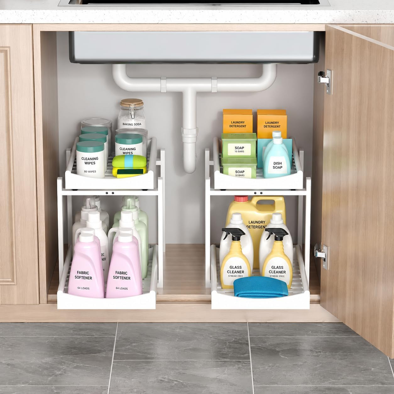 Bamboo under Sink Organizer, 2 Pack Pull Out Cabinet Organizer