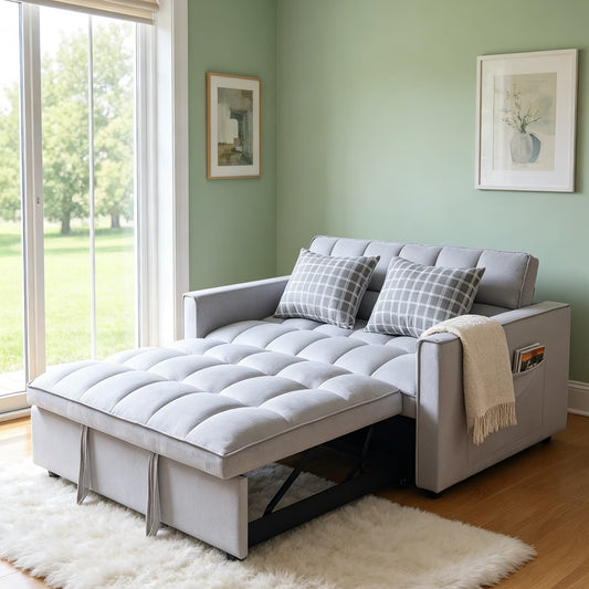 51.1-Inch Velvet Convertible Sofa Bed with Adjustable Backrest - Light Grey Loveseat for Living Room or Office