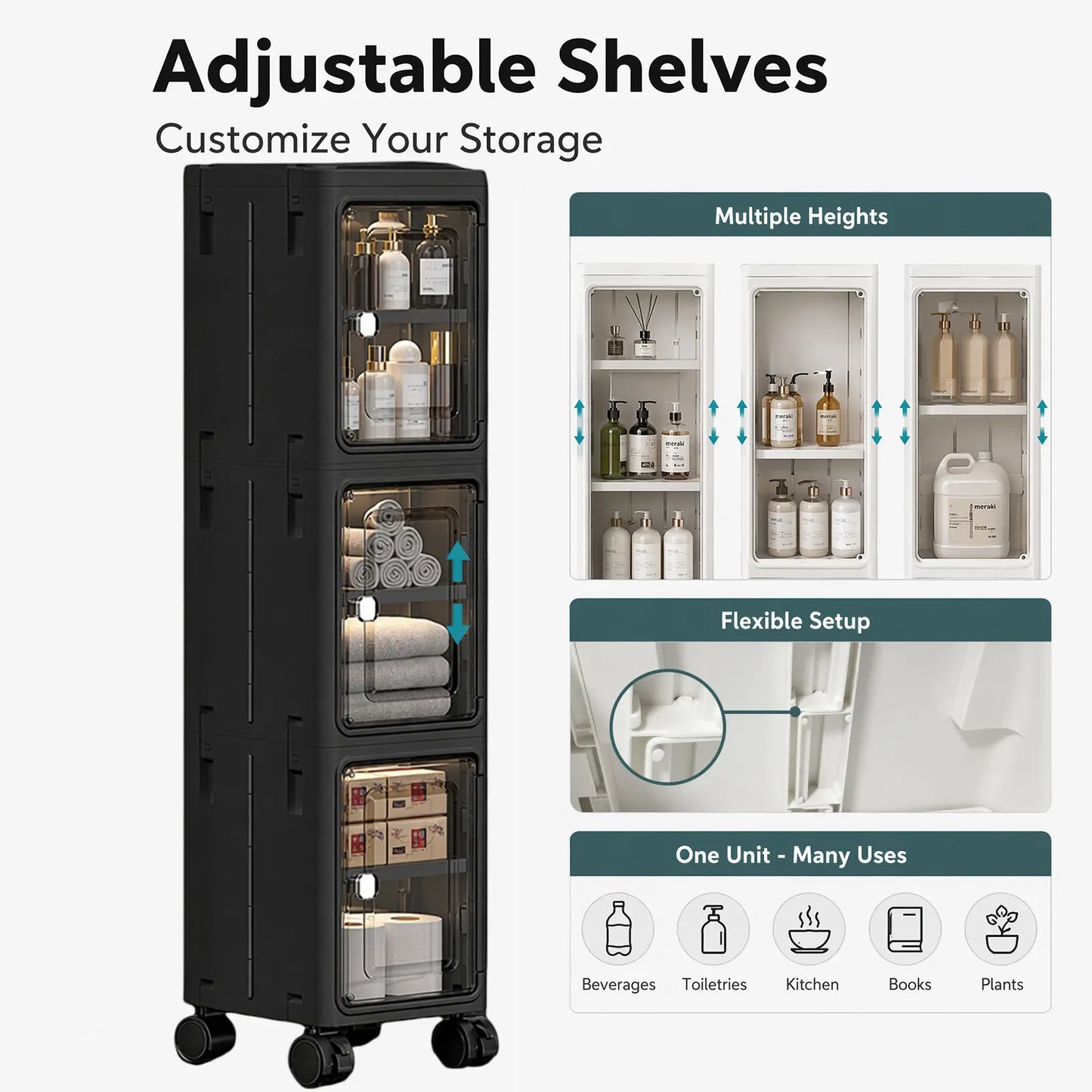 White Freestanding PP Plastic Pantry Storage Cabinet - 5-Tier Slim Narrow Unit with 360° Swivel Casters, Adjustable Shelves, Flat Fold, Lockable Modern Design, Furniture Storage for Kitchen Organizing, Bathroom