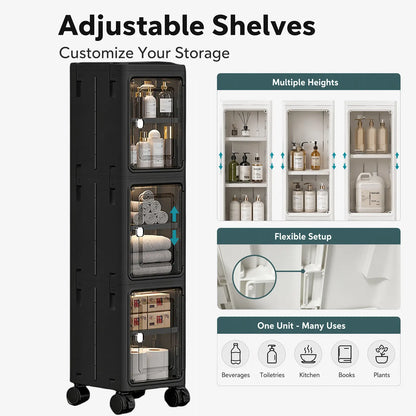 White Freestanding PP Plastic Pantry Storage Cabinet - 5-Tier Slim Narrow Unit with 360° Swivel Casters, Adjustable Shelves, Flat Fold, Lockable Modern Design, Furniture Storage for Kitchen Organizing, Bathroom