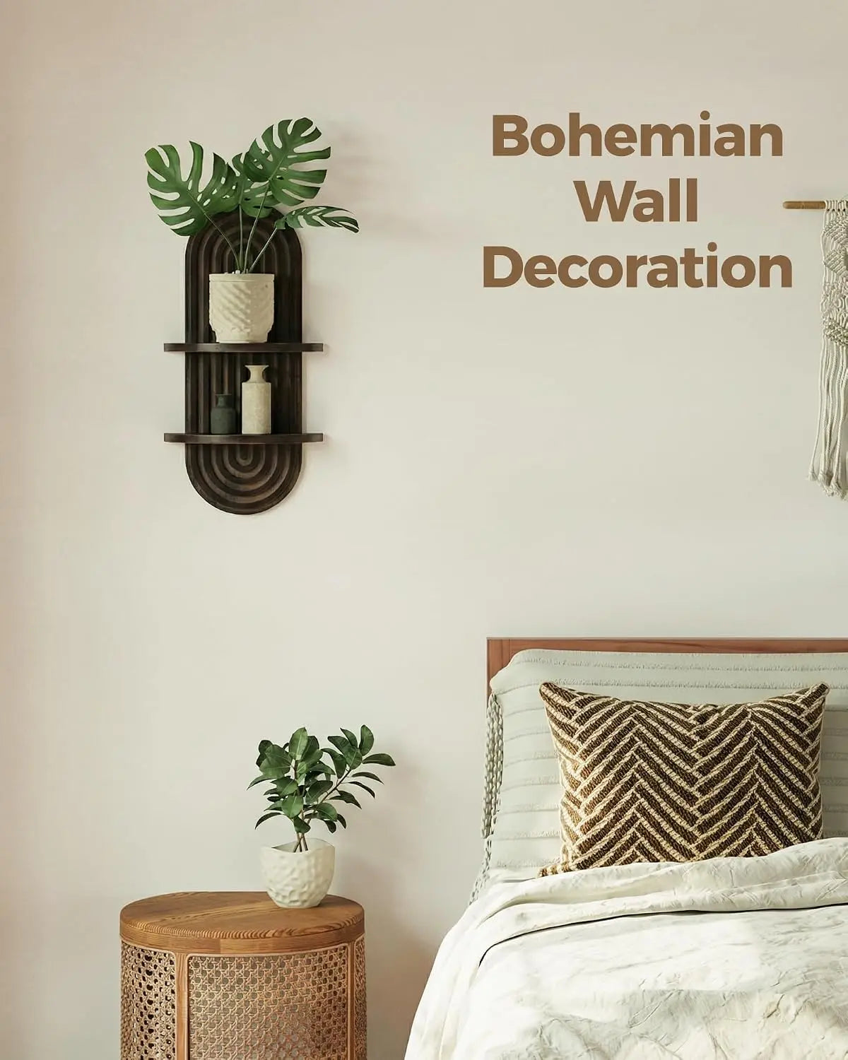 Bamworld Boho Wall Decor Plant Wall Shelf Mid Century Modern Decor Hanging Plant Shelf 2-Tier 1-Tier Wooden Floating Shelves for Home Bathroom Bedroom Living Room Office Holding Planter Decoration Walnut Natural