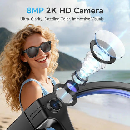 2026 New Wireless Wearable AI Smart Eyewear - 8MP Camera, Photo & Video Recording, Open-Ear HD Audio, Bluetooth Calls & Music, UV Protection, Multi-Language Translation, Button Control, Cool Tech Gadgets for Travel