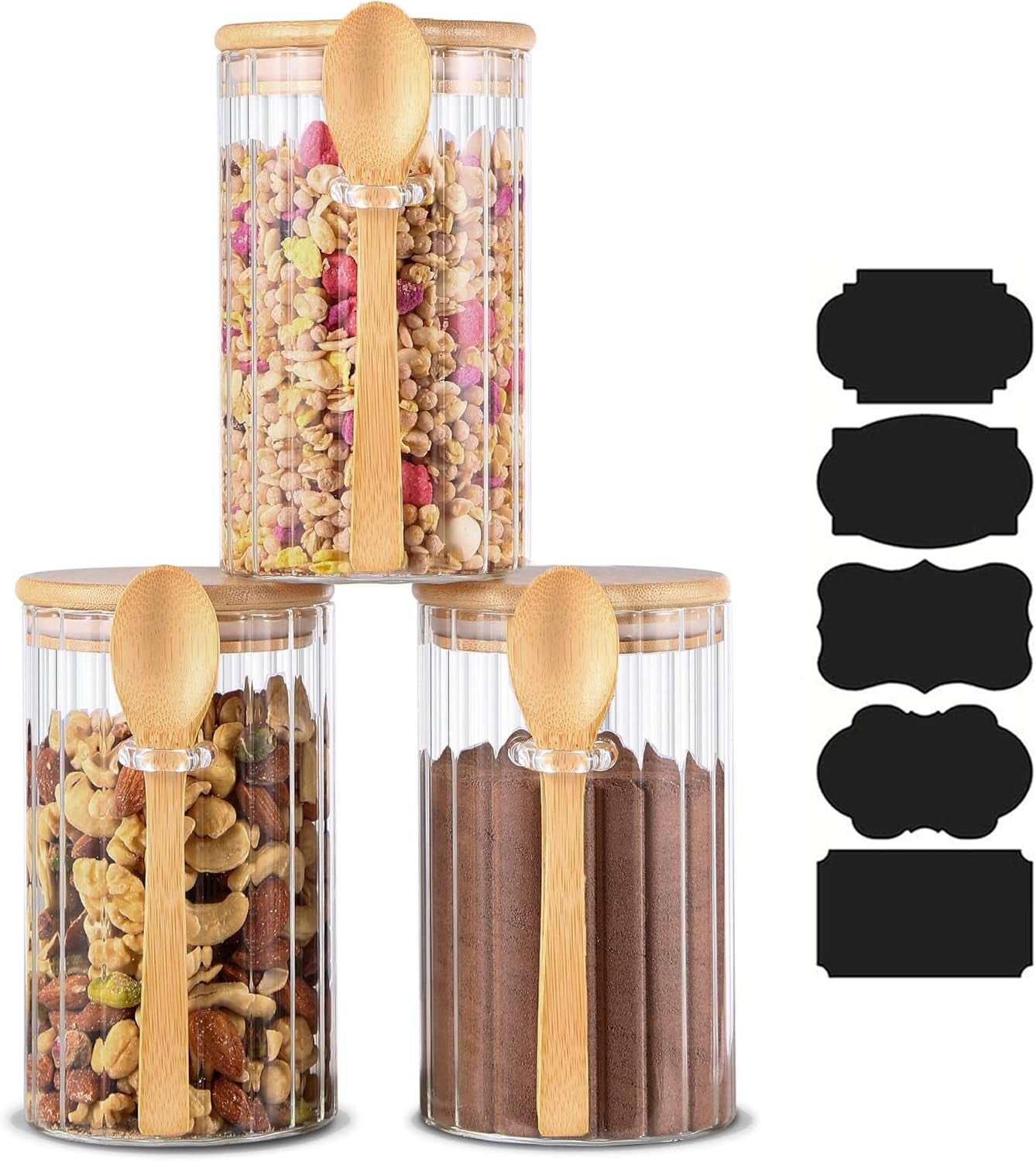 24 FL OZ Airtight Glass Jars with Bamboo Lids Spoons Coffee Canister, 3Pack