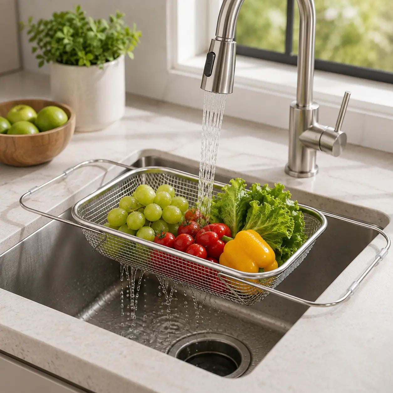 Stainless Steel Expandable Over-The-Sink Colander Strainer Basket with Handles - Rectangular Fine Mesh Kitchen Utensil, Essential Kitchen Supply