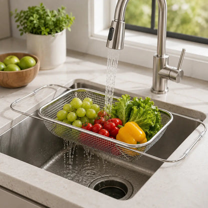 Stainless Steel Expandable Over-The-Sink Colander Strainer Basket with Handles - Rectangular Fine Mesh Kitchen Utensil, Essential Kitchen Supply