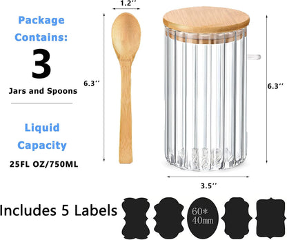 24 FL OZ Airtight Glass Jars with Bamboo Lids Spoons Coffee Canister, 3Pack