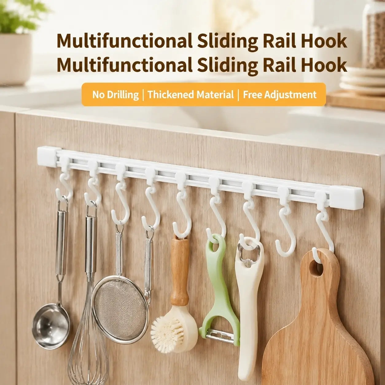 Adjustable 10-Hook Multifunctional Slide Rail Adhesive Wall Organiser, Kitchen Utensil Holder, Cupboard Hanging Storage Rack for Bathroom & Bedroom