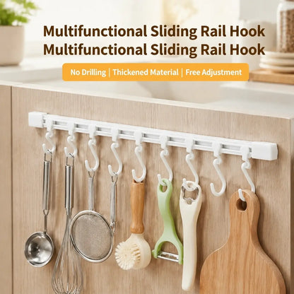 Adjustable 10-Hook Multifunctional Slide Rail Adhesive Wall Organiser, Kitchen Utensil Holder, Cupboard Hanging Storage Rack for Bathroom & Bedroom